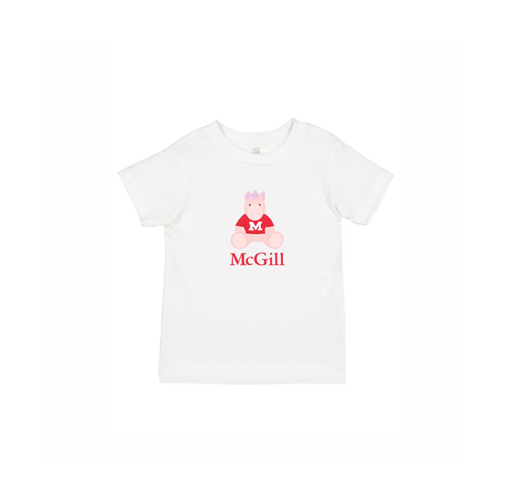 TODDLER – This cute crew neck t-shirt for toddlers has short sleeves and a ribbed collar. Worn layered or alone, is it soft yet durable. Includes an adorable cartoon unicorn and the McGill wordmark.  A cute gift idea for your favourite little one.