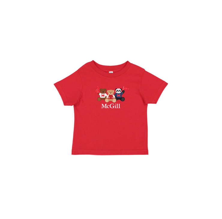 INFANT – This cute crew neck t-shirt for babies has short sleeves and a ribbed collar. Worn layered or alone, is it soft yet durable. Includes an adorable three bear design featuring the McGill wordmark.  An ideal gift for new parents