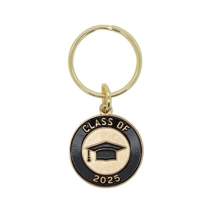 A shiny gold round medallion with contrasting black enamel detail. "Class of 2025" is featured in embossed lettering around the border, with a black enamel grad cap in the centre of the pin