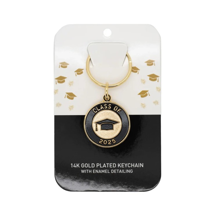 a shiny gold round medallion with contrasting black enamel detail. "Class of 2025" is featured in embossed lettering around the border, with a black enamel grad cap in the centre of the pin, presented on a card backing