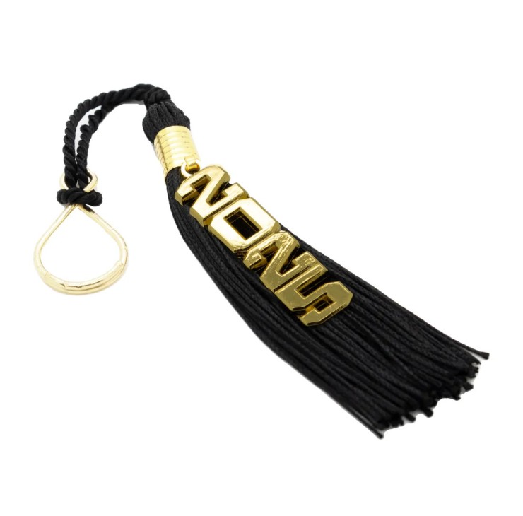 A plush black tassel with a cutout 14k gold plated "2025" charm and keyring.