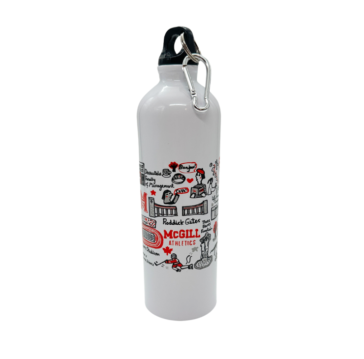 McGill by Julia Gash stainless water bottle featuring a wrap-around print that depicts iconic McGill landmarks. This slim and unbreakable bottle holds 750 ml of liquid and comes with a screw top cap and carabiner. It is BPA free and FDA compliant. 