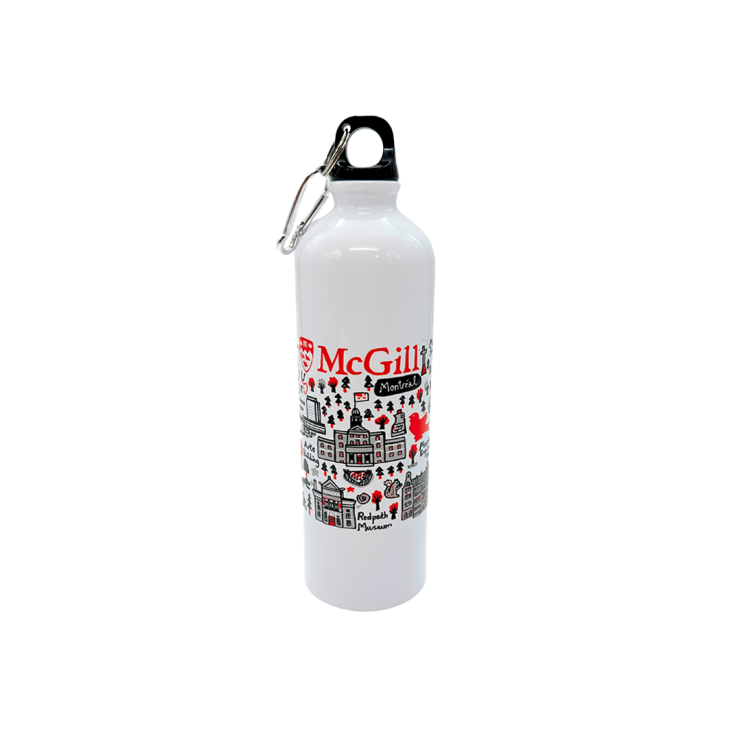 McGill by Julia Gash stainless water bottle featuring a wrap-around print that depicts iconic McGill landmarks. This slim and unbreakable bottle holds 750 ml of liquid and comes with a screw top cap and carabiner. It is BPA free and FDA compliant. 