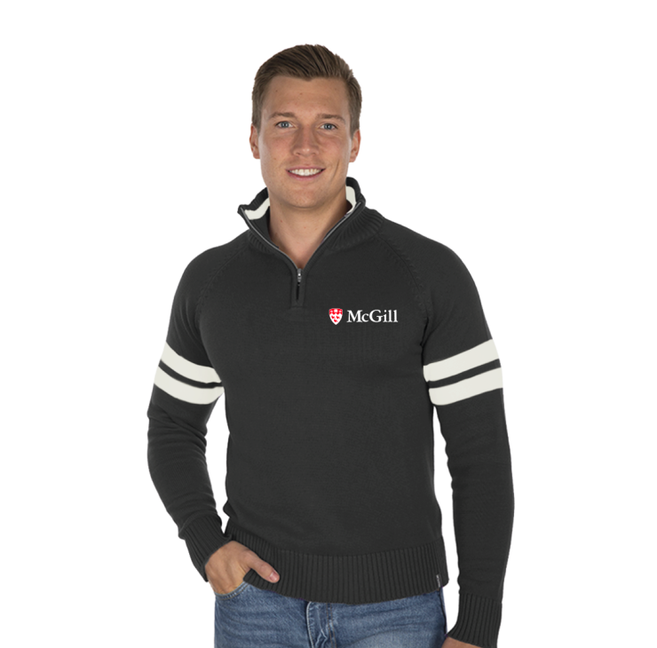This quarter-zip knit sweater is warm and fashionable. With a mock neckline and metal zipper with contrasting stripes on the sleeves, it has a sophisticated ivy league look. Features an embroidered McGill logo on the left chest as well as a rib knit neckline, bottom hem and sleeves