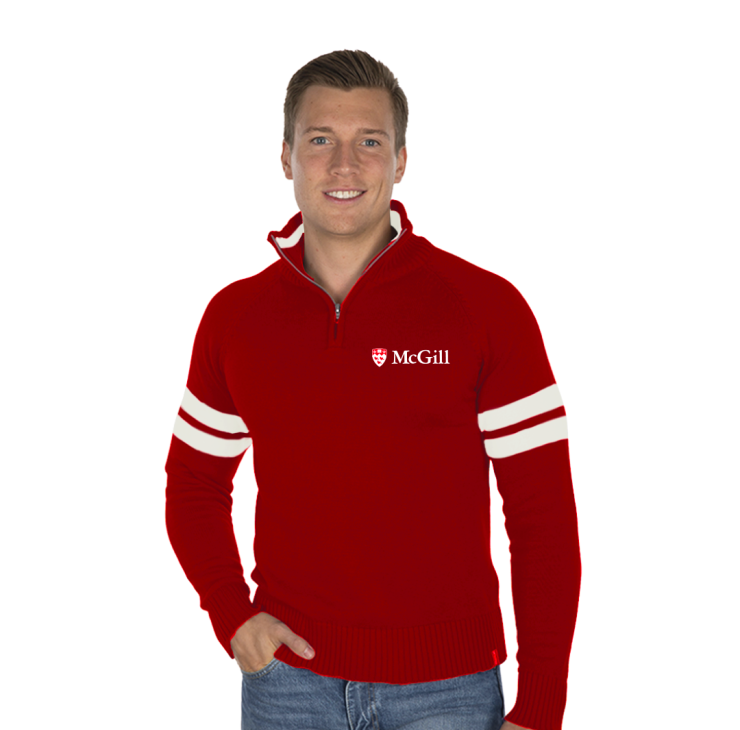 This quarter-zip knit sweater is warm and fashionable. With a mock neckline and metal zipper with contrasting stripes on the sleeves, it has a sophisticated ivy league look. Features an embroidered McGill logo on the left chest as well as a rib knit neckline, bottom hem and sleeves