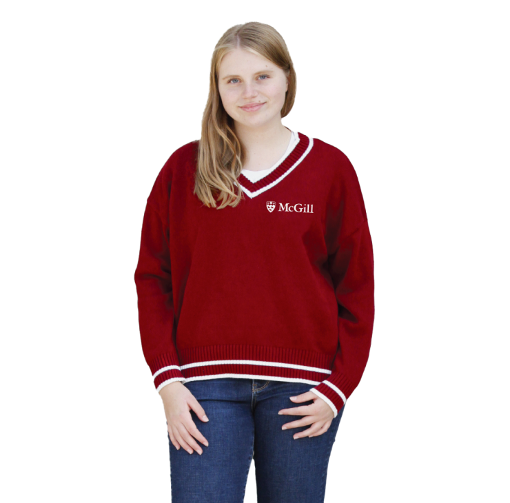 Our McGill V-neck Sweater is the perfect cozy knit for everyday wear. With a roomy fit, drop shoulder and contrasting varsity stripes, this sweater has an updated varsity feel. Features the McGill logo embroidered on the left chest