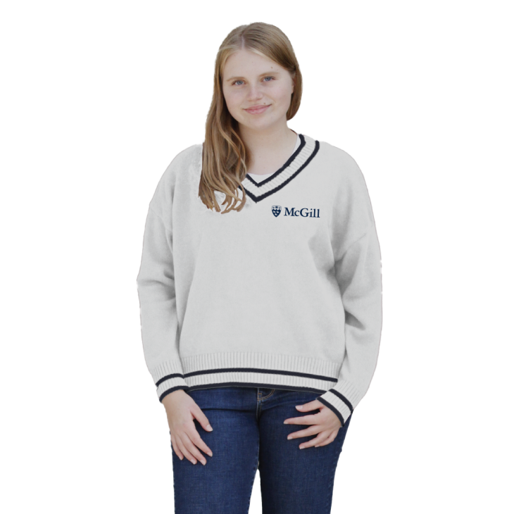 Our McGill V-neck Sweater is the perfect cozy knit for everyday wear. With a roomy fit, drop shoulder and contrasting varsity stripes, this sweater has an updated varsity feel. Features the McGill logo embroidered on the left chest