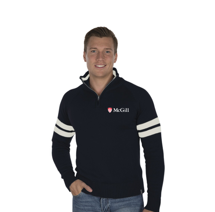 This quarter-zip knit sweater is warm and fashionable. With a mock neckline and metal zipper with contrasting stripes on the sleeves, it has a sophisticated ivy league look. Features an embroidered McGill logo on the left chest as well as a rib knit neckline, bottom hem and sleeves