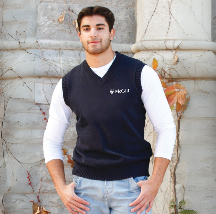 This V-neck sweater vest feels vintage ivy league in the best way. Stylish and comfortable, this is the perfect layering piece for cooler weather. The rib knit at the neckline, armhole, and bottom opening, ensures a snug fit. Features the McGill logo embroidered on the left chest.