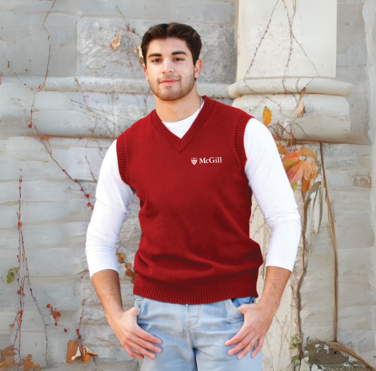 This V-neck sweater vest feels vintage ivy league in the best way. Stylish and comfortable, this is the perfect layering piece for cooler weather. The rib knit at the neckline, armhole, and bottom opening, ensures a snug fit. Features the McGill logo embroidered on the left chest.