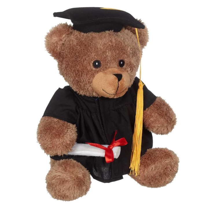 9" Grad Bear carrying a detachable diploma and dressed in a cap and gown featuring a golden tassel and “McGill” imprinted on the robe.