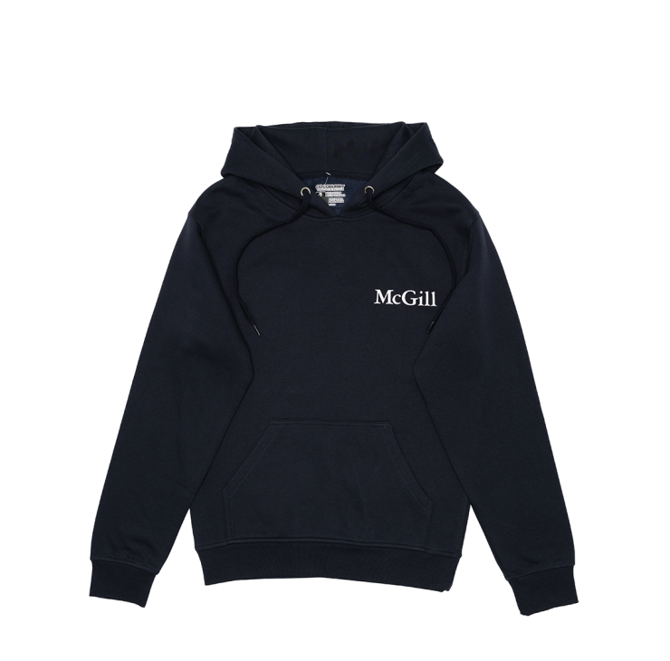 This classic fit pullover hoodie features a relaxed, comfortable silhouette that is neither too tight nor too loose. It offers ample room for layering without being baggy, making it ideal for everyday wear. The double fleece-lined hood is perfect for chilly weather. With ribbed cuffs and waistband, it features the McGill wordmark done in a white rubber print on the left chest