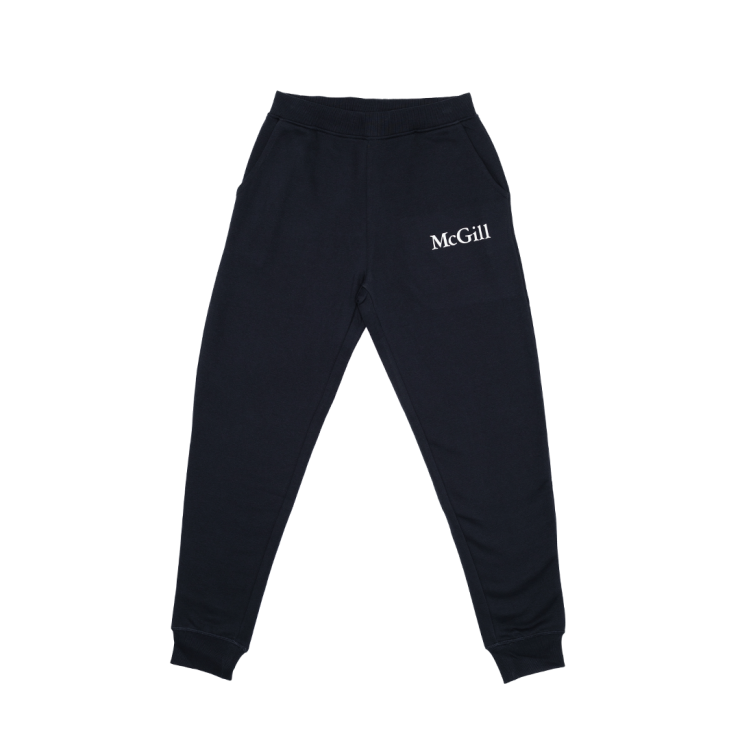 UNISEX - Comfortable and relaxed, these fleece joggers offer a tapered fit that's roomy through the thighs and hips and gradually narrowing towards the ankles for a modern, athletic silhouette. With side pockets and ribbed cuffs and waistband, they feature the McGill wordmark done in a white rubber print on the left hip