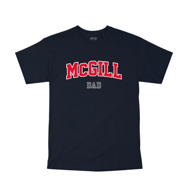 A navy short-sleeve T-shirt with "MCGILL DAD" printed on the front. "MCGILL" is in large, bold, red capital letters with a slight arch, and "DAD" is in smaller white letters below. 
