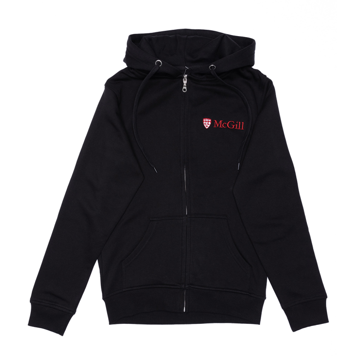 A black hoodie made from an innovative ultra-smooth fleece featuring a double lined hood with drawstring and classic kangaroo front pocket. Includes a two-toned McGill logo embroidered on the left chest, full length zipper, and rib knit cuffs and waistband. 
