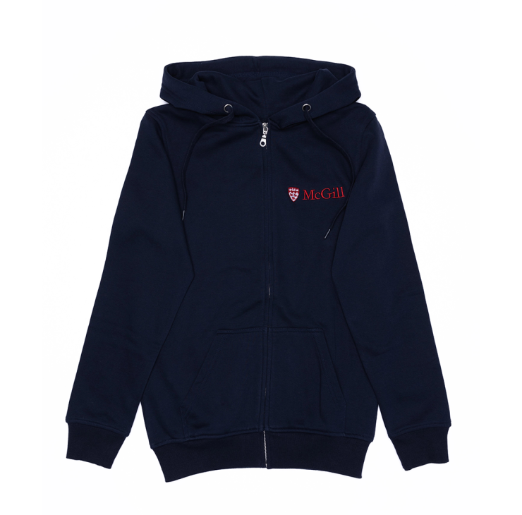 A navy hoodie made from an innovative ultra-smooth fleece featuring a double lined hood with drawstring and classic kangaroo front pocket. Includes a two-toned McGill logo embroidered on the left chest, full length zipper, and rib knit cuffs and waistband. 