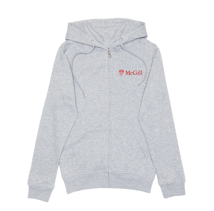 A light grey  hoodie made from an innovative ultra-smooth fleece featuring a double lined hood with drawstring and classic kangaroo front pocket. Includes a two-toned McGill logo embroidered on the left chest, full length zipper, and rib knit cuffs and waistband. 