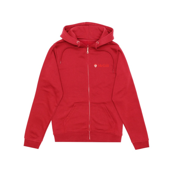 A red hoodie made from an innovative ultra-smooth fleece featuring a double lined hood with drawstring and classic kangaroo front pocket. Includes a two-toned McGill logo embroidered on the left chest, full length zipper, and rib knit cuffs and waistband. 