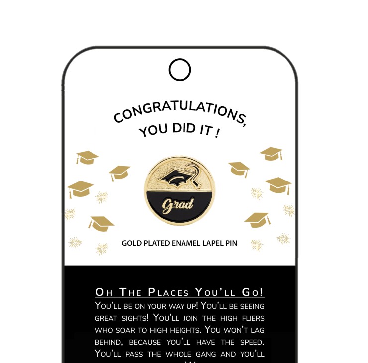 Grad Script Pin with contrasting black enamel detail. "Grad" is embossed in script lettering, with a black enamel grad cap at the top