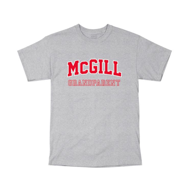 A grey short-sleeve T-shirt with "MCGILL GRANDPARENT" printed on the front. "MCGILL" is in large, bold, red capital letters with a slight arch, and "GRANDPARENT" is in smaller white letters below. 