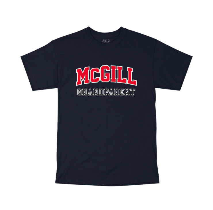 A navy short-sleeve T-shirt with "MCGILL GRANDPARENT" printed on the front. "MCGILL" is in large, bold, red capital letters with a slight arch, and "GRANDPARENT" is in smaller white letters below. 