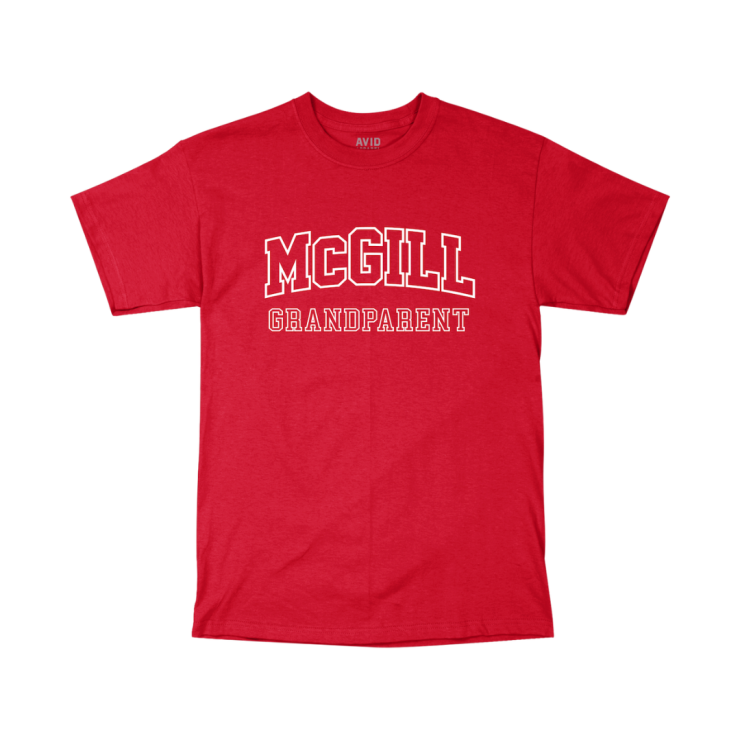 A red short-sleeve T-shirt with "MCGILL GRANDPARENT" printed on the front. "MCGILL" is in large, bold, white capital letters with a slight arch, and "GRANDPARENT" is in smaller white letters below. 