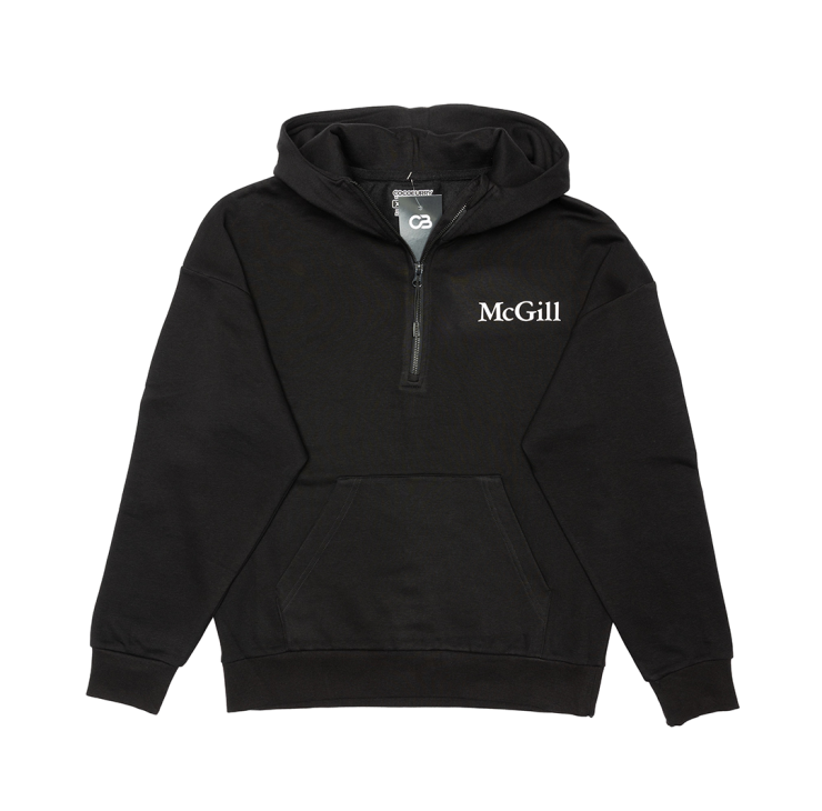 Half zip black hoodie with exposed half zip and drop shoulder, with a white rubber printed McGill logo on the left chest. Featuring a kangaroo front pocket and rib knit cuffs and waistband