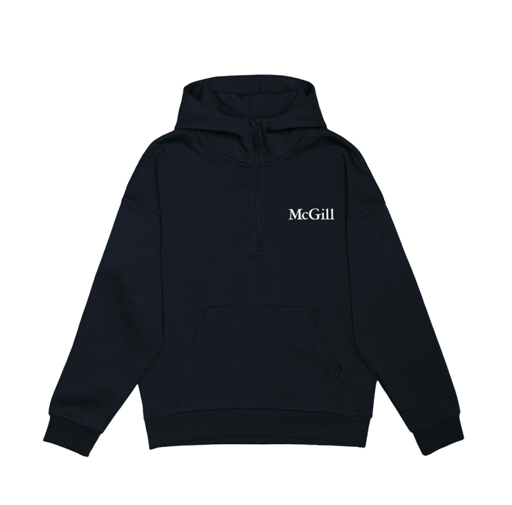 Half zip navy  hoodie with exposed half zip and drop shoulder, with a white rubber printed McGill logo on the left chest. Featuring a kangaroo front pocket and rib knit cuffs and waistband