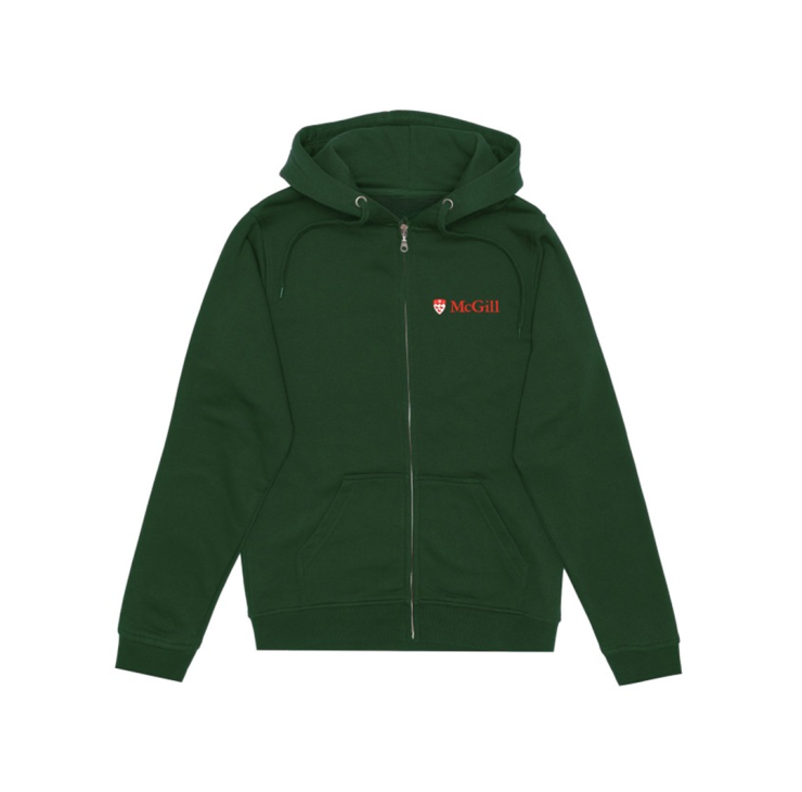 A forest green hoodie made from an innovative ultra-smooth fleece featuring a double lined hood with drawstring and classic kangaroo front pocket. Includes a two-toned McGill logo embroidered on the left chest, full length zipper, and rib knit cuffs and waistband. 