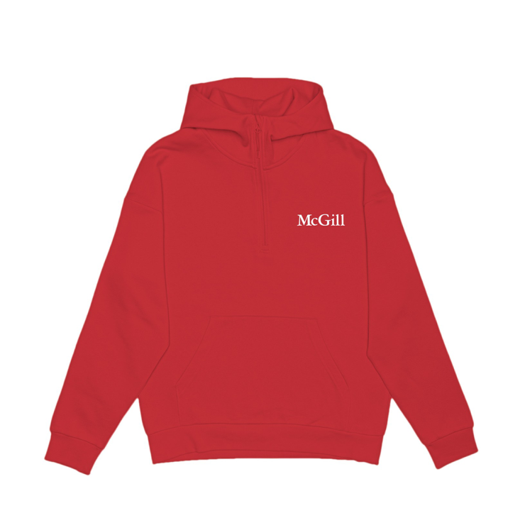 Half zip red hoodie with exposed half zip and drop shoulder, with a white rubber printed McGill logo on the left chest. Featuring a kangaroo front pocket and rib knit cuffs and waistband
