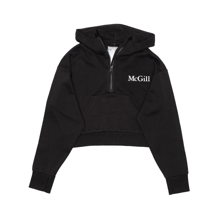 A black cropped hoodie with exposed half zip and drop shoulder and rubber printed McGill logo on the left chest. Featuring a kangaroo front pocket and rib knit cuffs and waistband