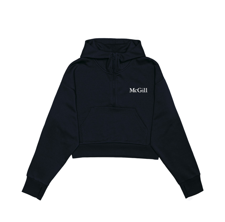 A navy cropped hoodie with exposed half zip and drop shoulder and rubber printed McGill logo on the left chest. Featuring a kangaroo front pocket and rib knit cuffs and waistband