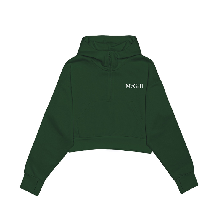 A forest green cropped hoodie with exposed half zip and drop shoulder and rubber printed McGill logo on the left chest. Featuring a kangaroo front pocket and rib knit cuffs and waistband