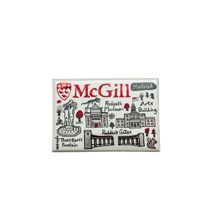 Premium quality magnet featuring an illustration of the McGill campus. Artwork by Julia Gash. A unique gift to remember all the things you love about your favourite university.