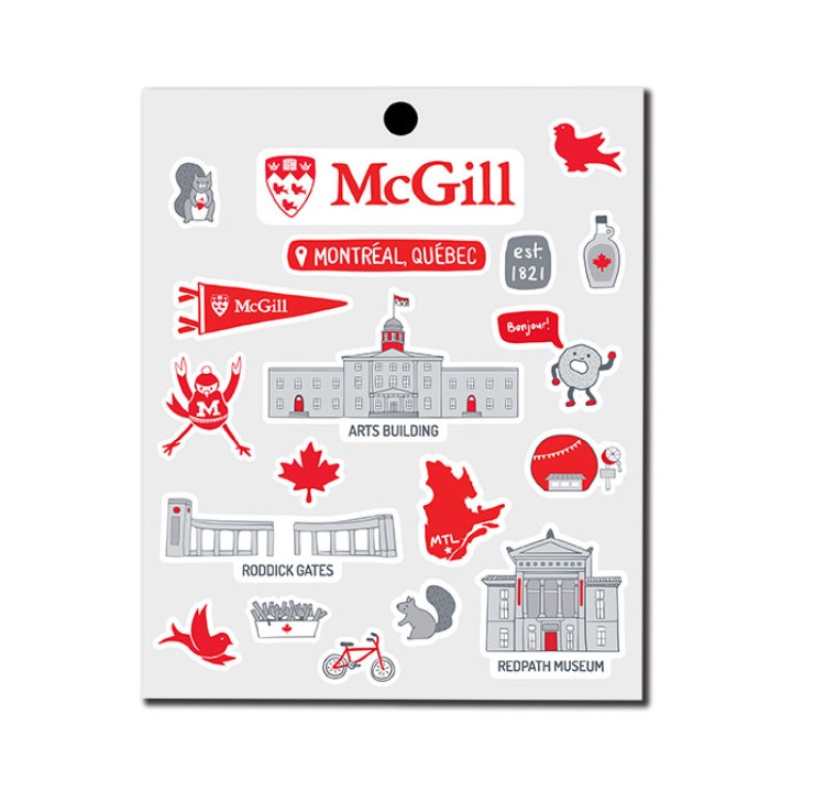 A sheet of stickers featuring iconic McGill and Montreal places and things