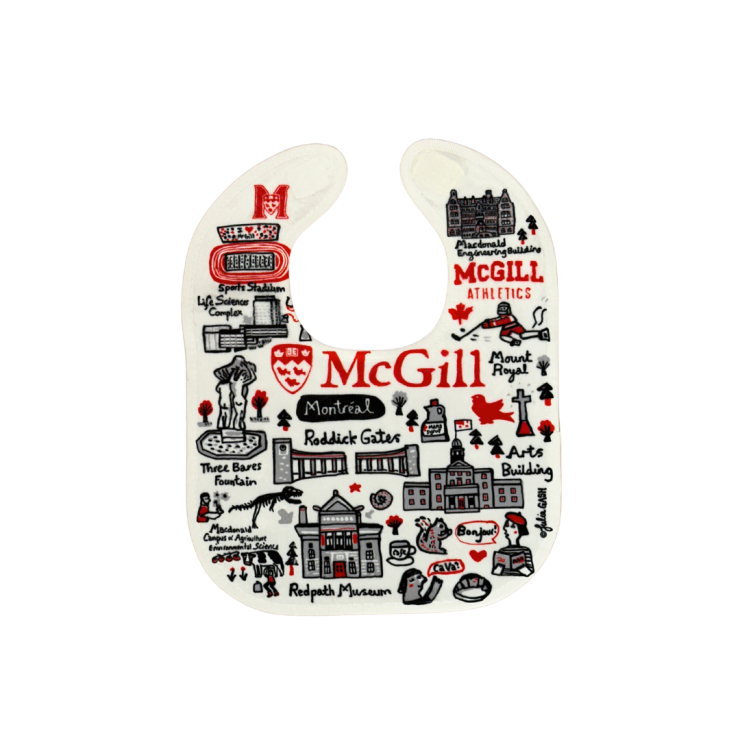 Cover your future student in McGill Pride with our super soft baby bib, featuring a fun illustration of the McGill campus by artist Julia Gash. The velcro attachment ensures a snug fit while your baby stays clean. Ultra-smooth microfiber polyester face. Reverses to 100% cotton terry loops. No mess, all fun!