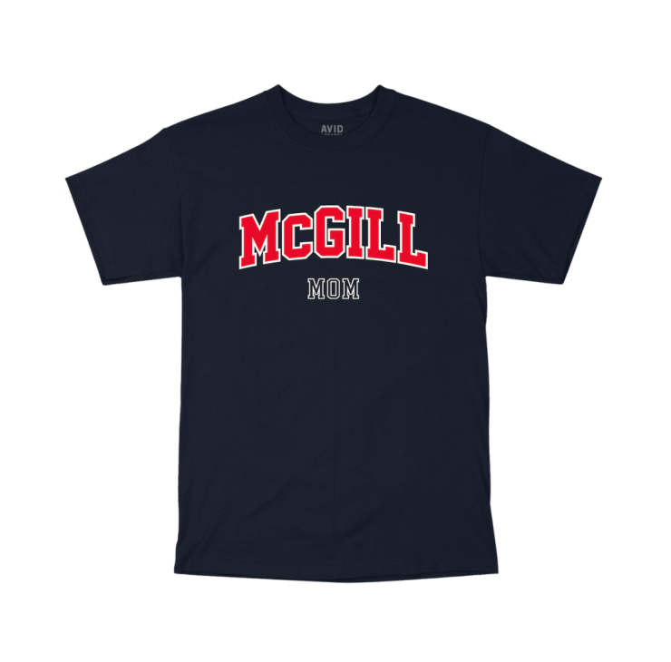 A navy short-sleeve T-shirt with "MCGILL MOM" printed on the front. "MCGILL" is in large, bold, red capital letters with a slight arch, and "MOM" is in smaller white letters below. 