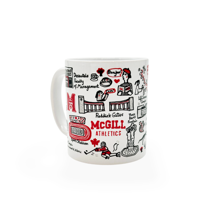 Sip your morning cup of coffee in our McGill by Julia Gash mug featuring a wrap-around print that depicts iconic McGill landmarks.