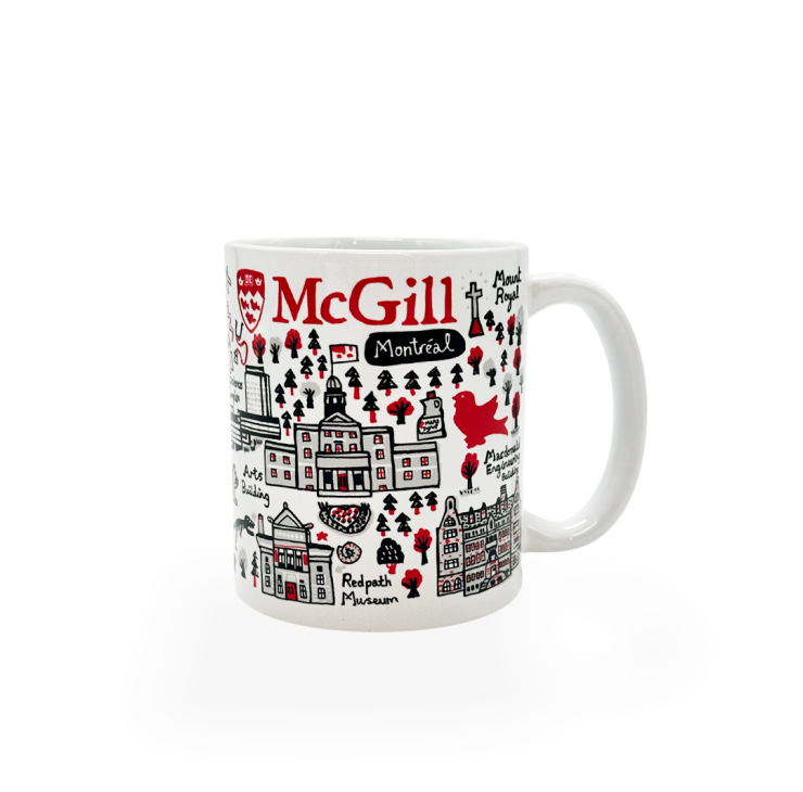 Sip your morning cup of coffee in our McGill by Julia Gash mug featuring a wrap-around print that depicts iconic McGill landmarks.