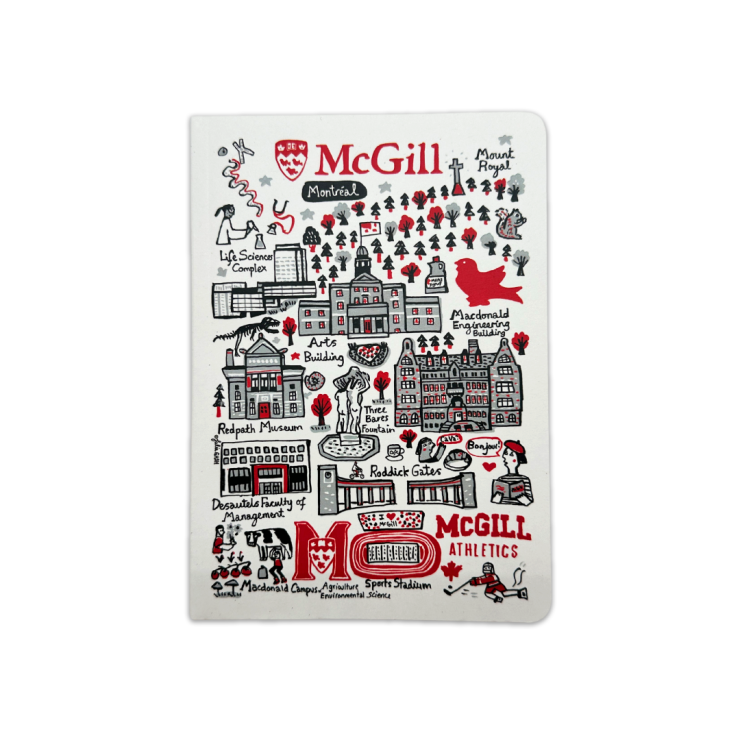 A sewn journal featuring the McGill campus as imagined by illustration artist Julia Gash.