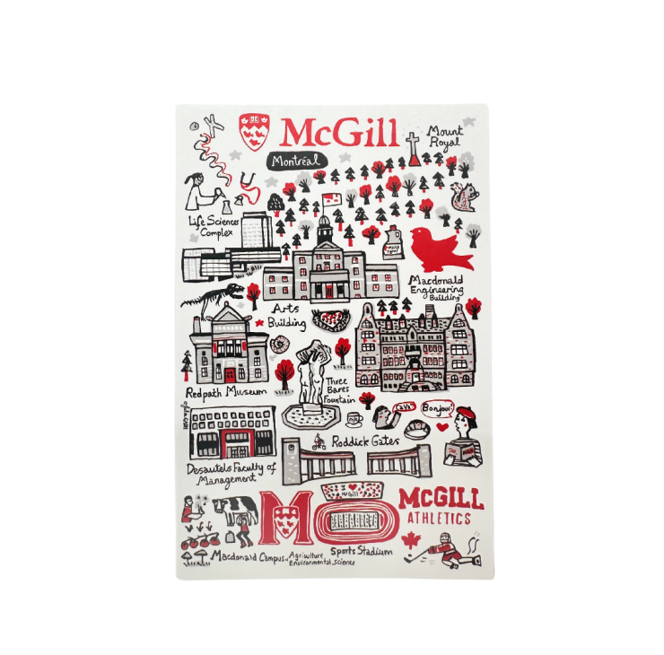 This postcard features the McGill campus as imagined by illustration artist Julia Gash. The distinctive map-like art piece is a playful way to remember everything you love about McGill.