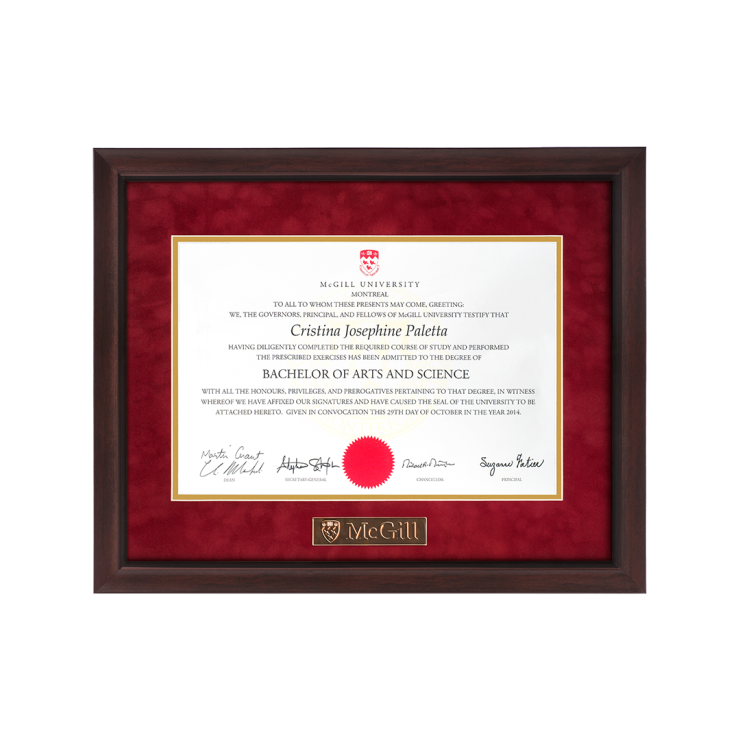 This frame features a gold plaque engraved with the McGill logo inset in the bottom border of the mat. Its profile has a subtle concave contour and is finished in a distinctive light walnut shade, highlighted with black filaments. It features a black lip on the inside edge of the moulding. Assembled with a double, acid-free red suede mat