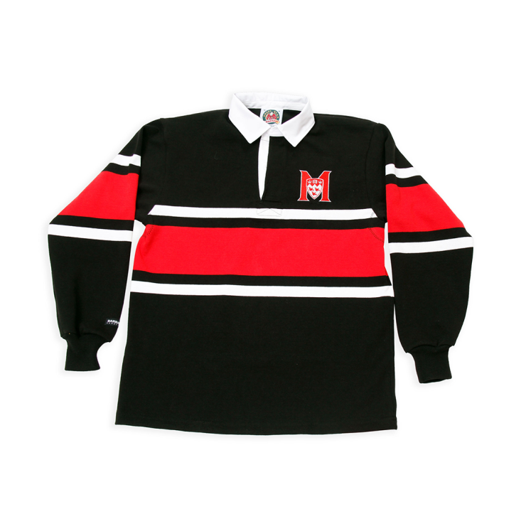 This tri-colour design, also known as The Rugby Stripe, offer a vintage ivy league look and feel. These shirts are sewn from 12oz knit cotton and made to authentic game-day specifications. Embroidered with the McGill Athletics logo on the left chest, it features a traditional white collar and placket as well as stretch cuffs.