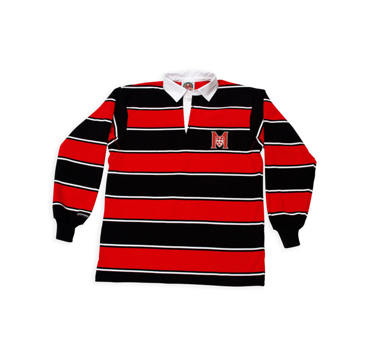 >UNISEX - Characterized by a bold tri-colour horizontal stripe pattern, these shirts are sewn from 12 oz knit cotton and made to authentic game-day specifications. Embroidered with the McGill Athletics logo on the left chest, they feature a traditional white collar and placket as well as stretch cuffs. Made in Canada