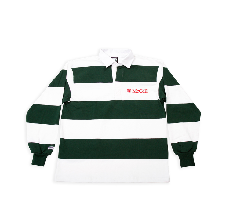 McGill University rugby shirt with GREEN and white horizontal stripes, embroidered crest logo, and collared neckline – official collegiate apparel.