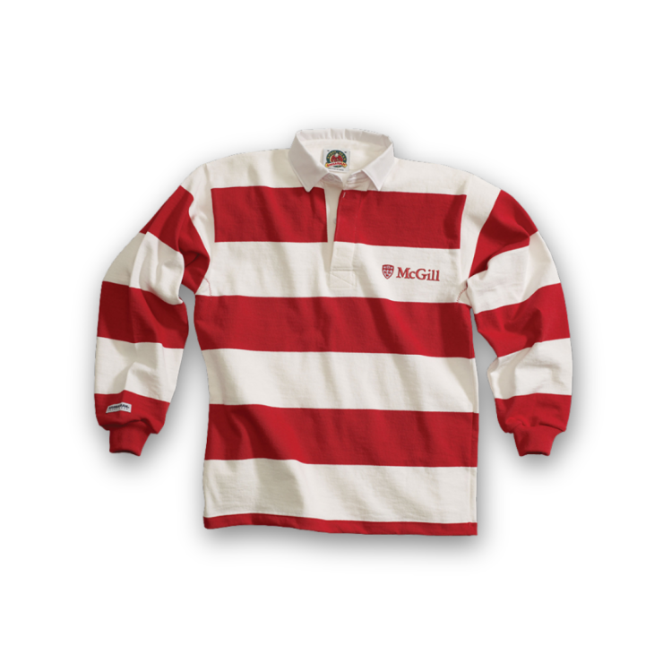 McGill University rugby shirt with red and white horizontal stripes, embroidered crest logo, and collared neckline – official collegiate apparel.
