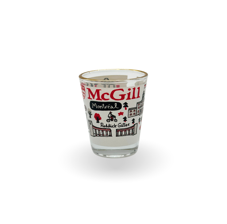 Raise a glass to McGill! This shot glass features an illustration of the McGill campus created by artist Julia Gash. The illustration depicts iconic McGill landmarks.