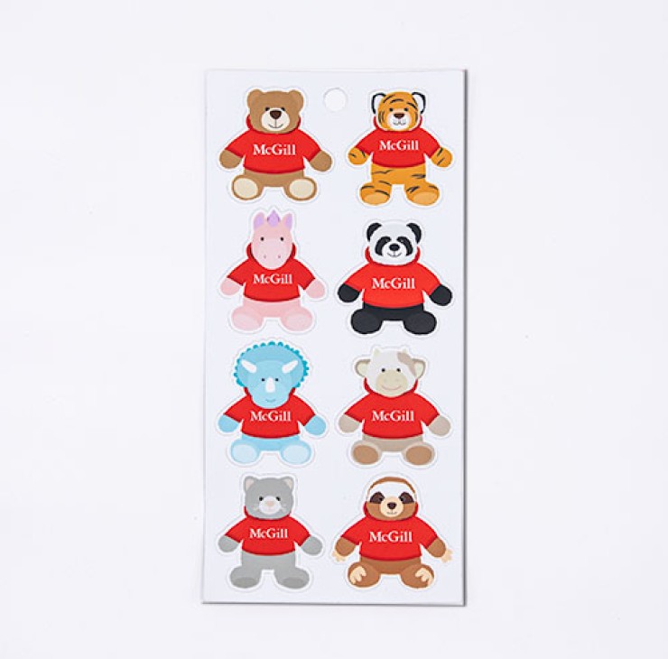 Add some cuteness to your day! Inspired by our McGill Cuddle Buddies, the McGill Animal Sticker Pack includes eight 3M matte vinyl stickers to adorn your laptop, notebooks, phone, water bottle or car. The adhesive is strong enough for a permanent stick but can be removed without leaving a residue behind.