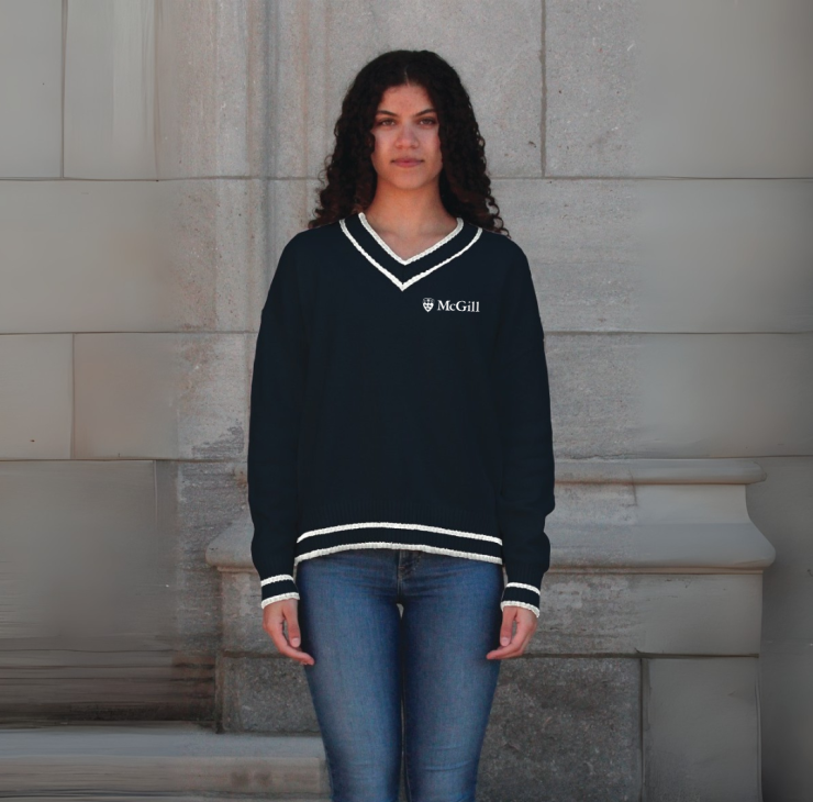 Our McGill V-neck Sweater is the perfect cozy knit for everyday wear. With a roomy fit, drop shoulder and contrasting varsity stripes, this sweater has an updated varsity feel. Features the McGill logo embroidered on the left chest