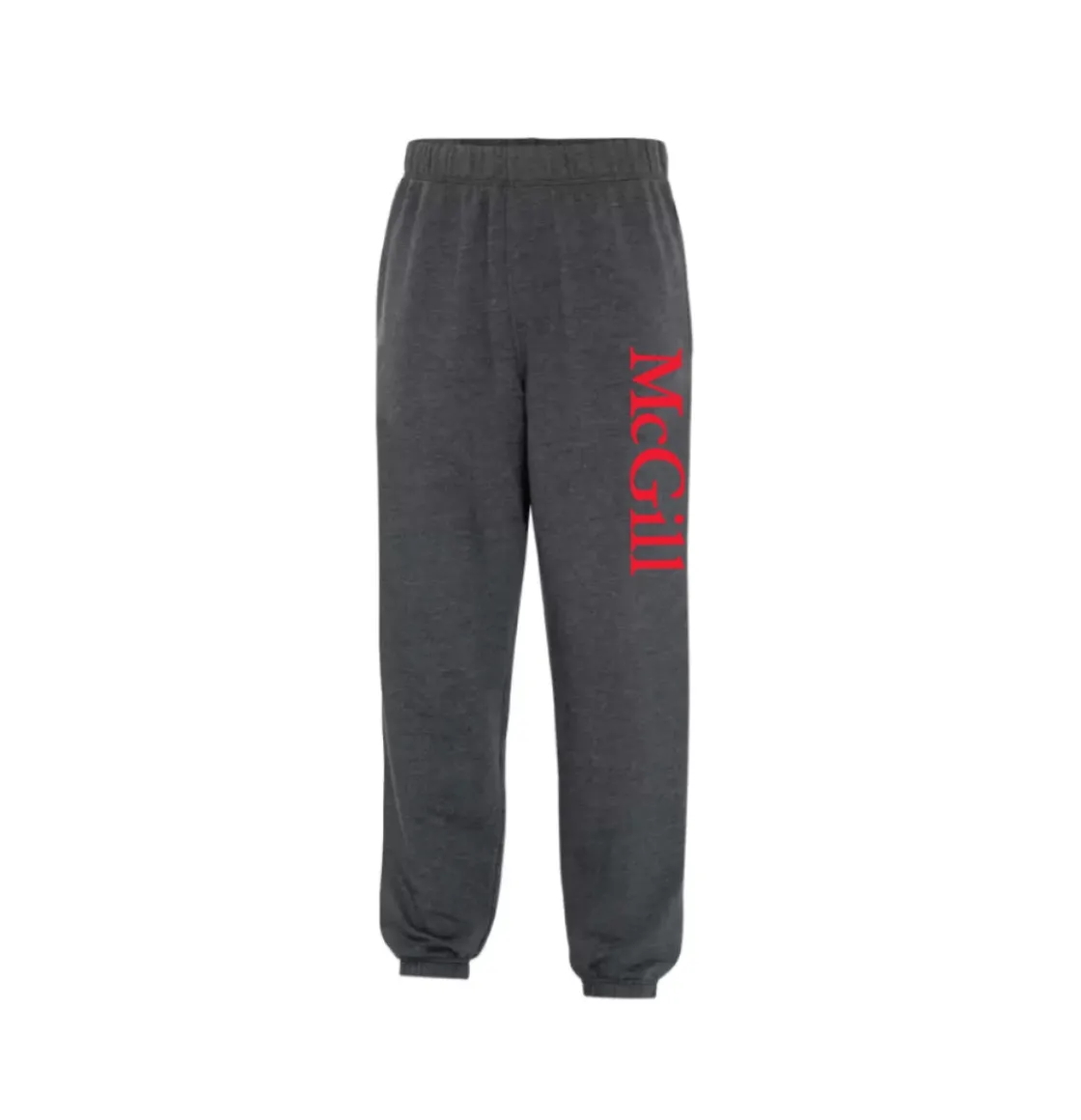 Grey jogger pants with elastic waistband and cuffs, featuring red vertical McGill logo on the left leg.